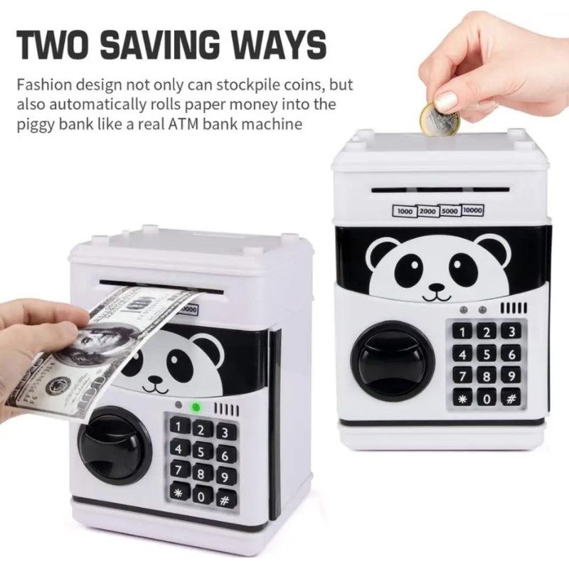 Carti si Birotica - Birotica - Accesorii de birou - Pusculite - Pusculita Panda pentru copii 3 ani+, cu functie ATM, cod pin si seif, alb cu negru - Infinity.ro