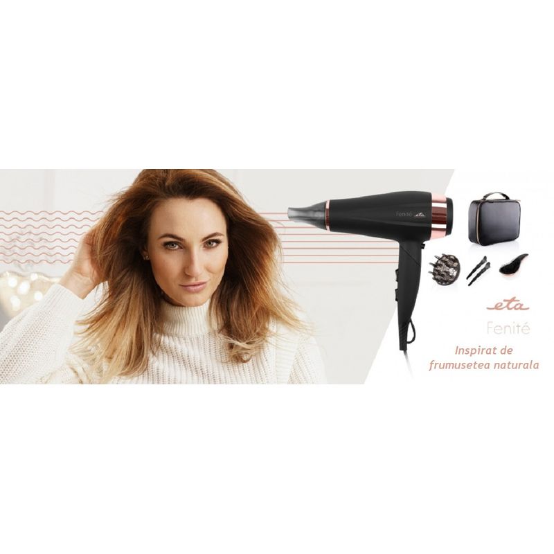 Ingrijire personala si Cosmetice - Aparate & accesorii ingrijire personala - Hair styling - Uscatoare de par - Uscator de par ETA Fenite 7320 90020 cu ionizare, 2200 W, 2 viteze, 3 trepte de temperatura, negru - Infinity.ro
