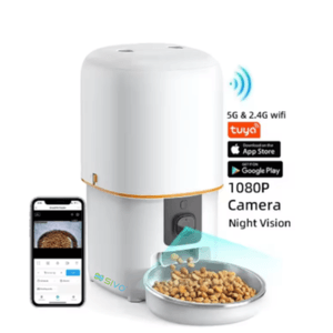 Hranitor Automat Programabil pentru Animale de companie, Bol Inox, Wifi, Camera UltraHD, Night Vision, 4L, Alb