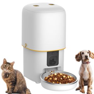 Hranitor Automat Programabil pentru Animale de companie, Bol Inox, Wifi, Camera UltraHD, Night Vision, 4L, Alb
