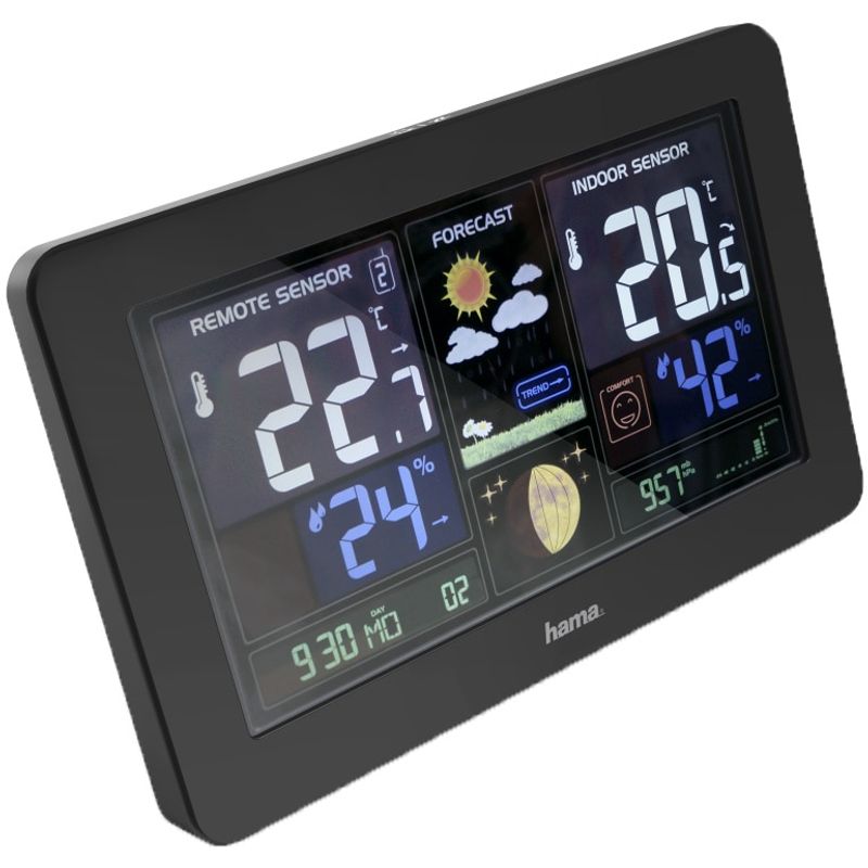 Casa si Gradina - Electrice - Ceasuri si statii meteo - Statie meteo Hama Premium, Termometru, Higrometru, Barometru, Ceas DCF Radio, Alarma inghet, USB, Negru - Infinity.ro