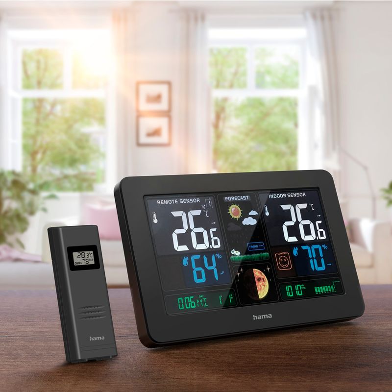 Casa si Gradina - Electrice - Ceasuri si statii meteo - Statie meteo Hama Premium, Termometru, Higrometru, Barometru, Ceas DCF Radio, Alarma inghet, USB, Negru - Infinity.ro