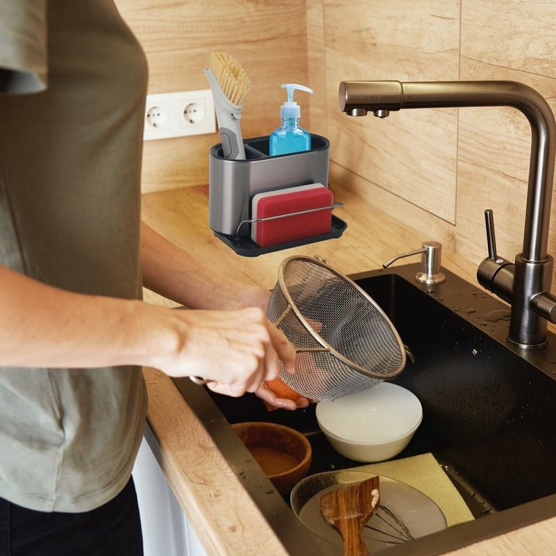 Casa si Gradina - Bucatarie si vesela - Organizare si depozitare bucatarie - Scurgator vase - Organizator chiuveta cu suport pentru burete si cu scurgere, argintiu, Vivo, 84179 - Infinity.ro