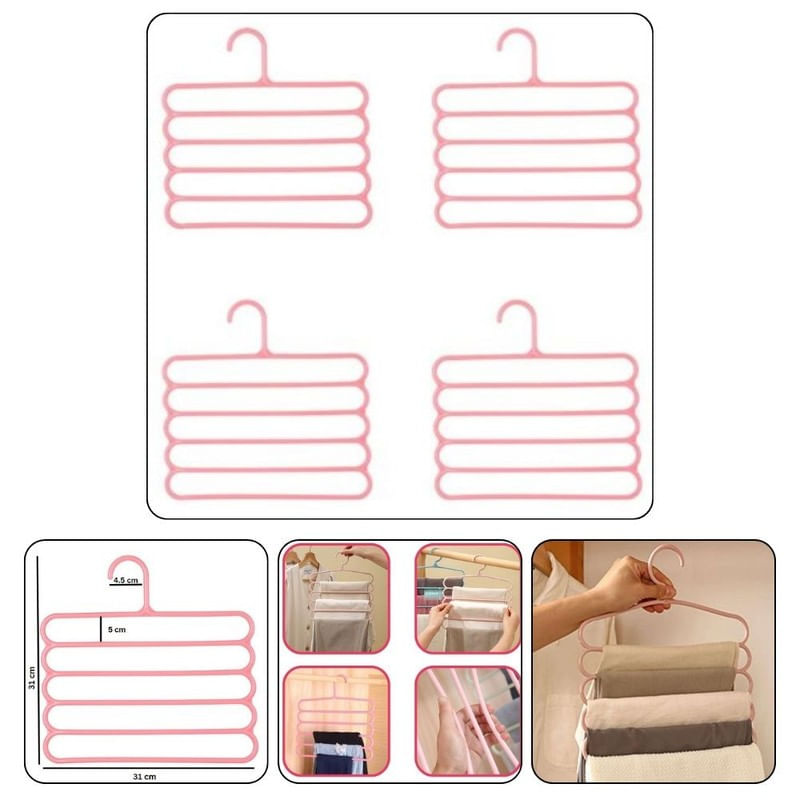 Casa si Gradina - Mobilier - Organizare si depozitare - Umerase si valeti - Set Mercaton, 12 Umerase Multifunctionale din Plastic cu 5 pozitii pentru Haine si Accesorii, Anti-derapante, 31 x 31 cm, Roz, M - Infinity.ro