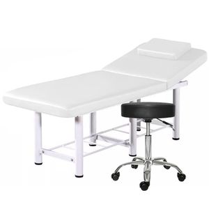 Set Pat cosmetica, Alb, 186x70x70cm, 22kg, Piele ecologica + Scaun rotativ pentru salon, Taburet pe roti, Negru