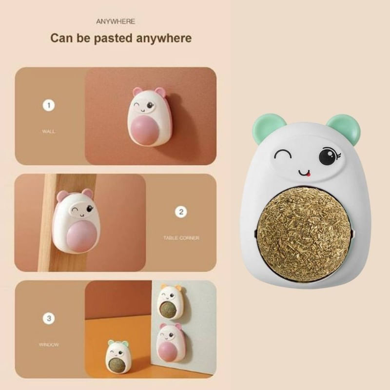 Petshop - Accesorii petshop - Jucarii animale - Jucarii interactive animale - Set 3 Jucarii pentru Pisicute, Model Ursulet, Minge Rotativa 360° din Iarba Catnip, 6 cm, Verde - Infinity.ro