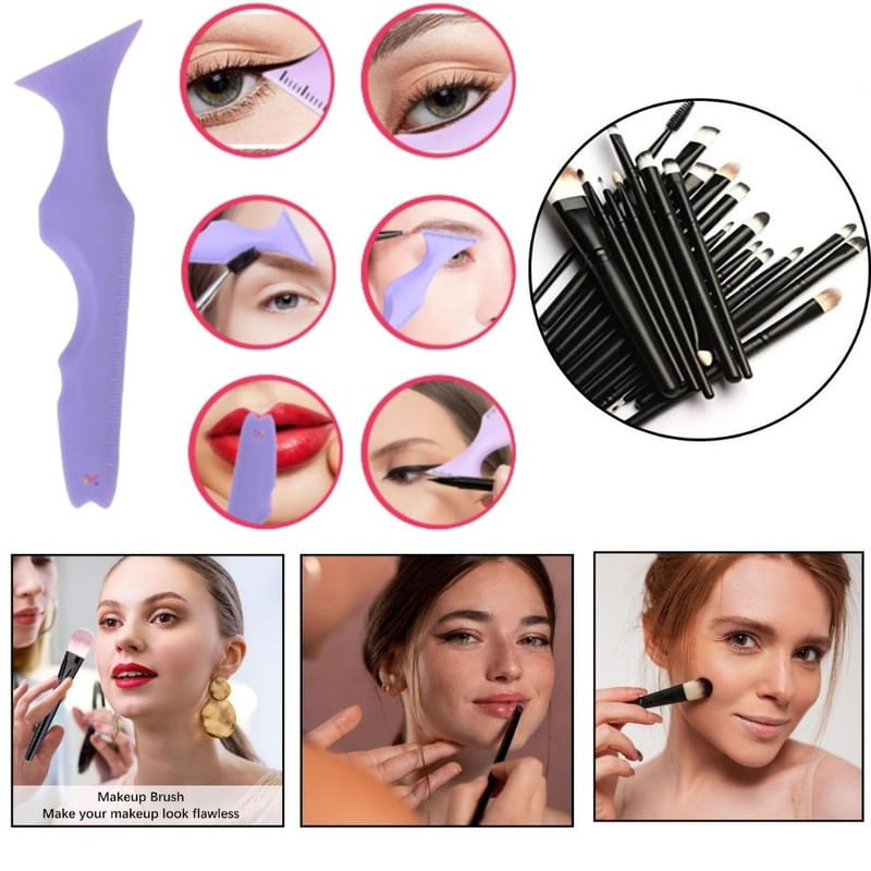 Ingrijire personala si Cosmetice - Machiaj - Aplicatoare si pensule machiaj - Set Profesional de Machiaj cu 20 de Pensule Antialergice si Sablon Multifunctional 5-in-1 Eyeliner din Silicon in Nuanta Mov - Infinity.ro