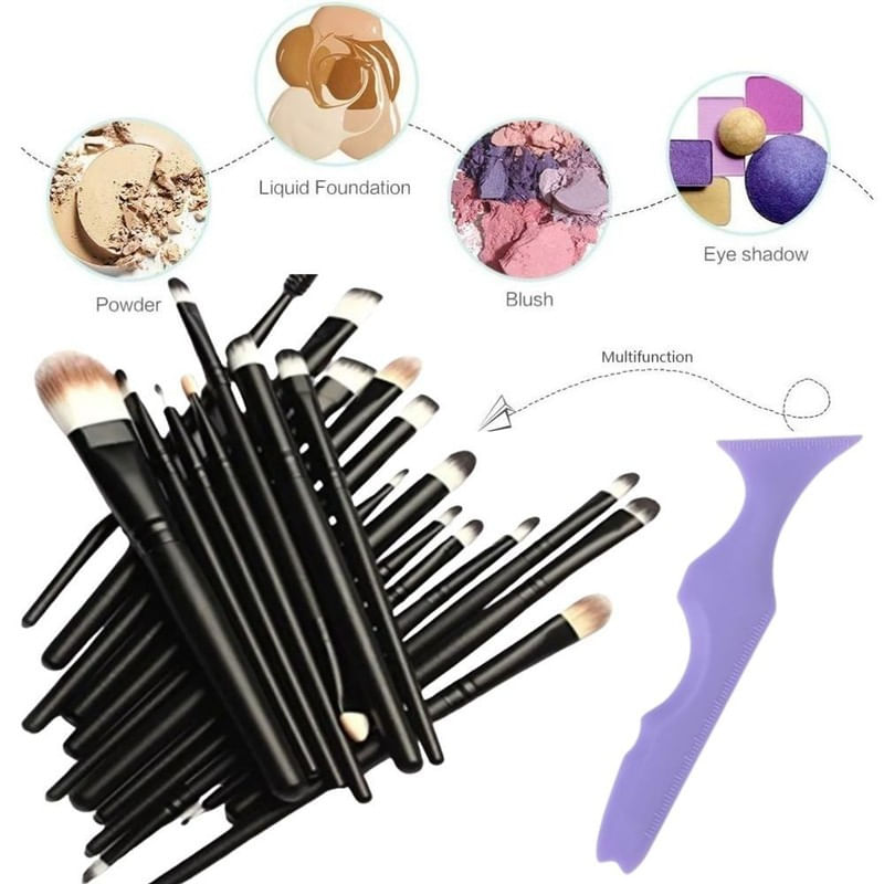 Ingrijire personala si Cosmetice - Machiaj - Aplicatoare si pensule machiaj - Set Profesional de Machiaj cu 20 de Pensule Antialergice si Sablon Multifunctional 5-in-1 Eyeliner din Silicon in Nuanta Mov - Infinity.ro