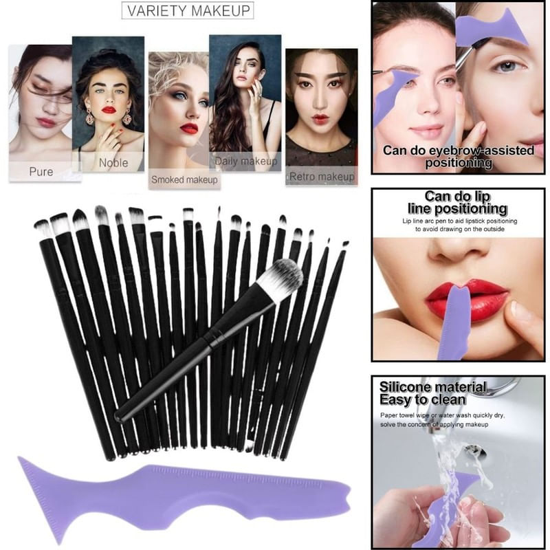 Ingrijire personala si Cosmetice - Machiaj - Aplicatoare si pensule machiaj - Set Profesional de Machiaj cu 20 de Pensule Antialergice si Sablon Multifunctional 5-in-1 Eyeliner din Silicon in Nuanta Mov - Infinity.ro