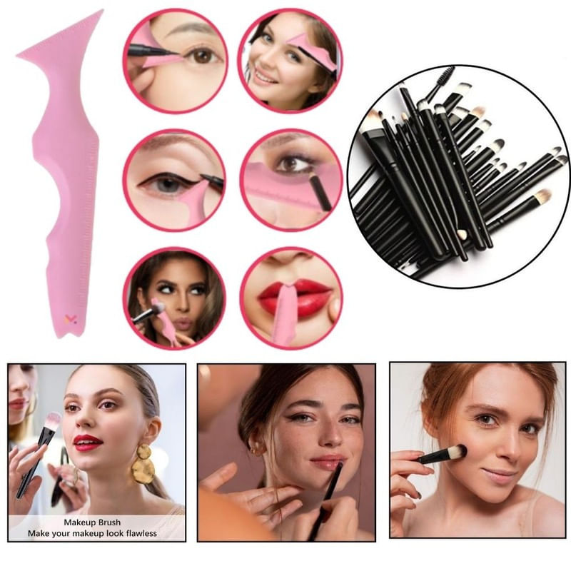 Ingrijire personala si Cosmetice - Machiaj - Aplicatoare si pensule machiaj - Set Profesional de Machiaj cu 20 de Pensule Antialergice si Sablon Multifunctional 5-in-1 Eyeliner din Silicon in Nuanta Roz - Infinity.ro