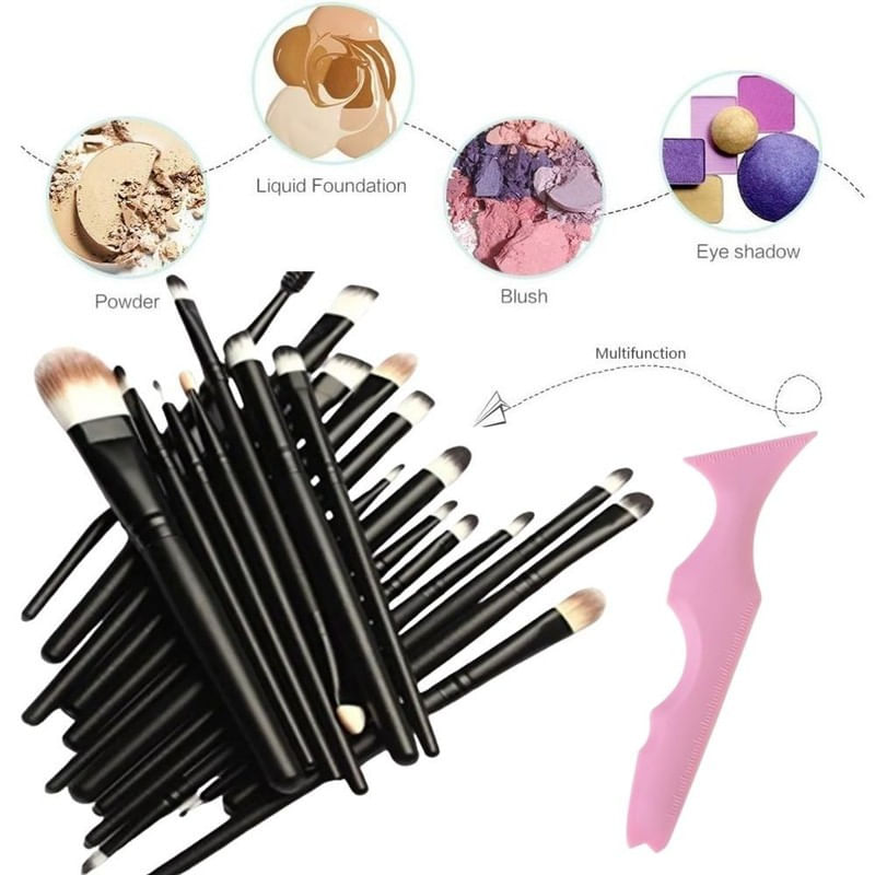 Ingrijire personala si Cosmetice - Machiaj - Aplicatoare si pensule machiaj - Set Profesional de Machiaj cu 20 de Pensule Antialergice si Sablon Multifunctional 5-in-1 Eyeliner din Silicon in Nuanta Roz - Infinity.ro