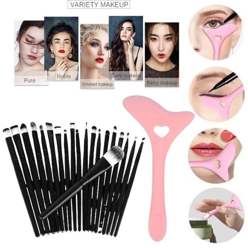 Ingrijire personala si Cosmetice - Machiaj - Aplicatoare si pensule machiaj - Set Profesional de Machiaj cu 20 de Pensule Antialergice si Sablon Multifunctional 4-in-1 Eyeliner din Silicon in Nuanta Roz - Infinity.ro
