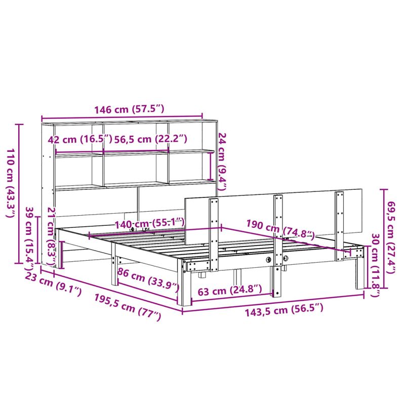 Casa si Gradina - Mobilier - Paturi si accesorii - Paturi - Pat cu biblioteca fara saltea, alb, 140x190 cm, lemn masiv pin - Infinity.ro