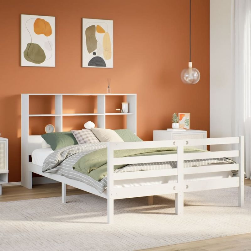 Casa si Gradina - Mobilier - Paturi si accesorii - Paturi - Pat cu biblioteca fara saltea, alb, 140x190 cm, lemn masiv pin - Infinity.ro