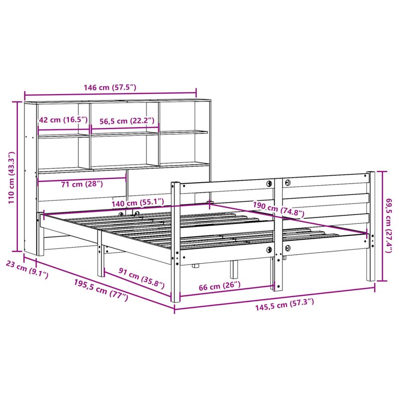 Casa si Gradina - Mobilier - Paturi si accesorii - Paturi - Pat cu biblioteca fara saltea, alb, 140x190 cm, lemn masiv pin - Infinity.ro