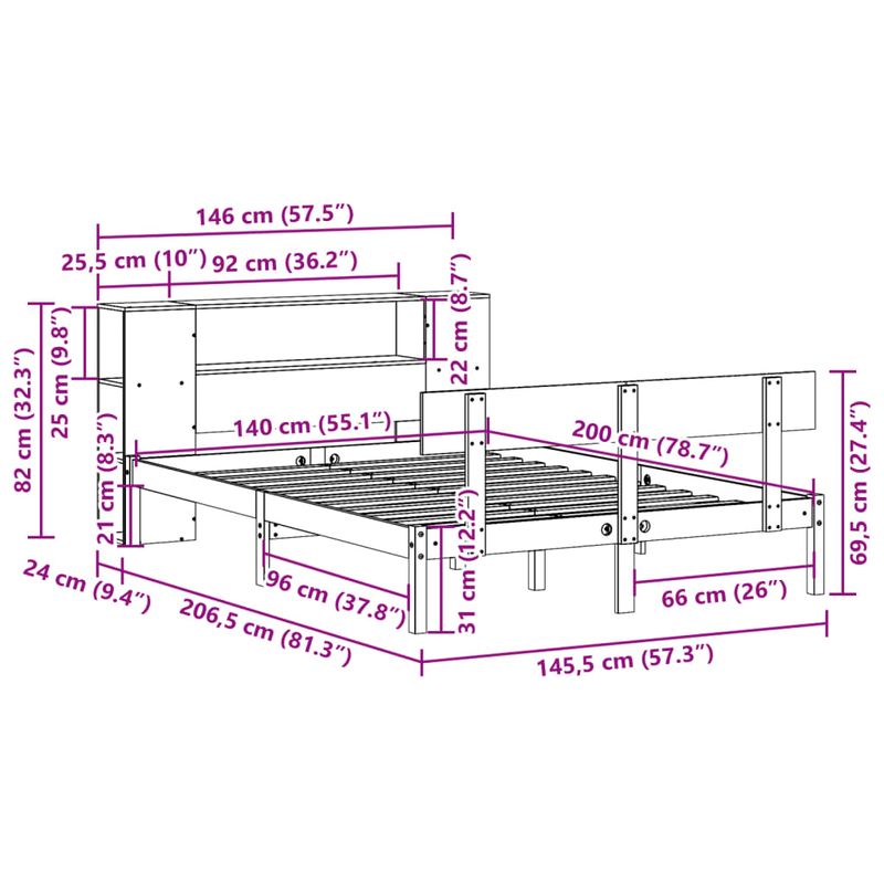 Casa si Gradina - Mobilier - Paturi si accesorii - Paturi - Pat cu biblioteca fara saltea, alb, 140x200 cm, lemn masiv pin - Infinity.ro