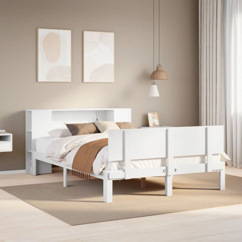Casa si Gradina - Mobilier - Paturi si accesorii - Paturi - Pat cu biblioteca fara saltea, alb, 135x190 cm, lemn masiv pin - Infinity.ro