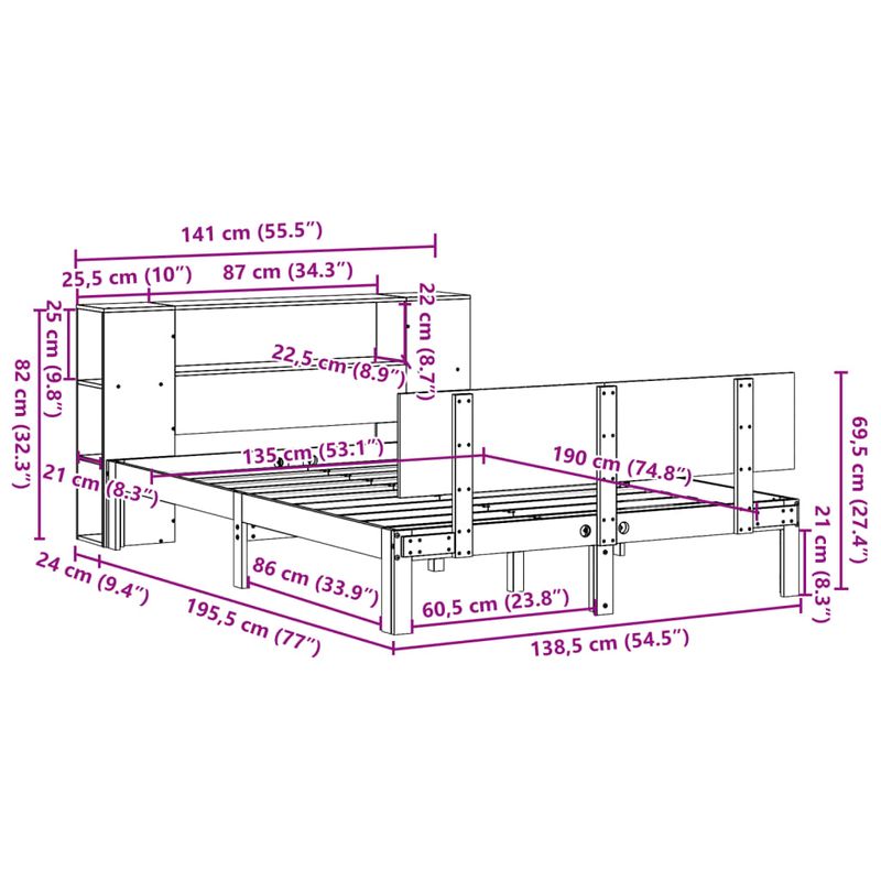 Casa si Gradina - Mobilier - Paturi si accesorii - Paturi - Pat cu biblioteca fara saltea, alb, 135x190 cm, lemn masiv pin - Infinity.ro