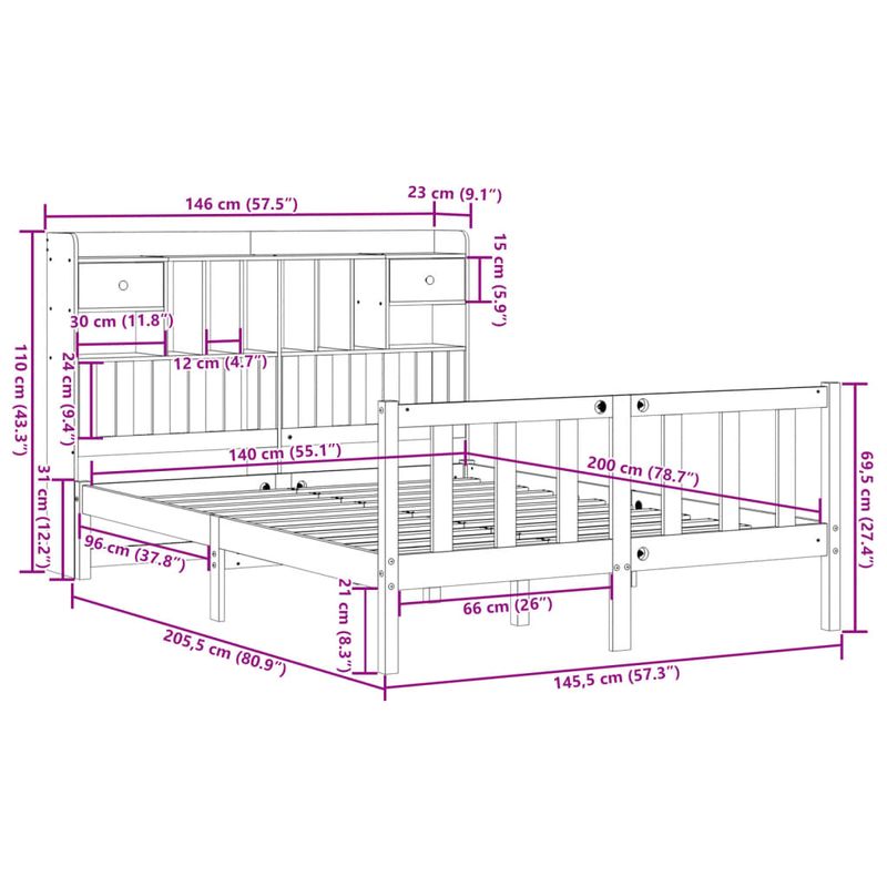 Casa si Gradina - Mobilier - Paturi si accesorii - Paturi - Pat cu biblioteca fara saltea maro 140x200 cm lemn masiv de pin - Infinity.ro