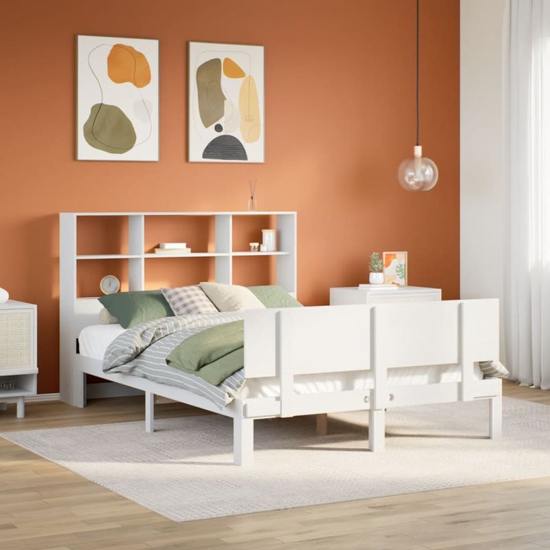 Casa si Gradina - Mobilier - Paturi si accesorii - Paturi - Pat cu biblioteca fara saltea, alb, 160x200 cm, lemn masiv pin - Infinity.ro