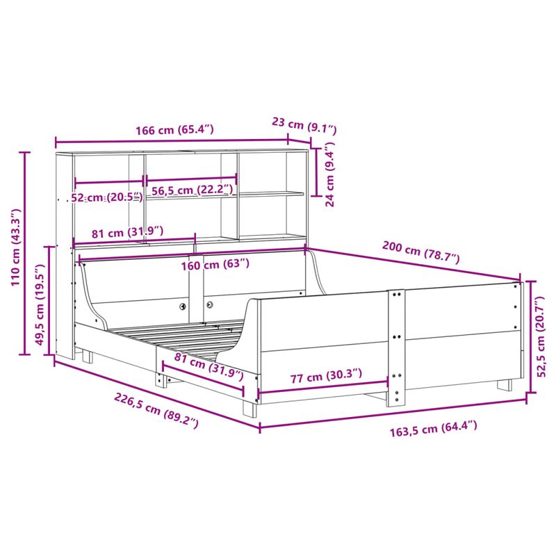Casa si Gradina - Mobilier - Paturi si accesorii - Paturi - Pat cu biblioteca fara saltea, alb, 160x200 cm, lemn masiv - Infinity.ro
