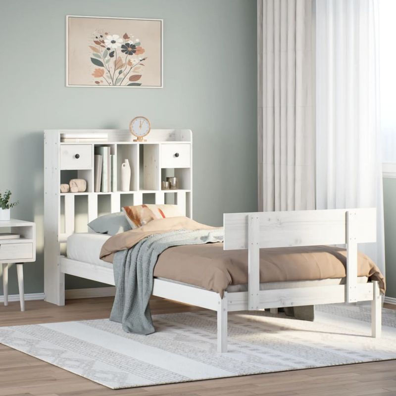 Casa si Gradina - Mobilier - Paturi si accesorii - Paturi - Pat cu biblioteca fara saltea, alb, 75x190 cm, lemn masiv pin - Infinity.ro