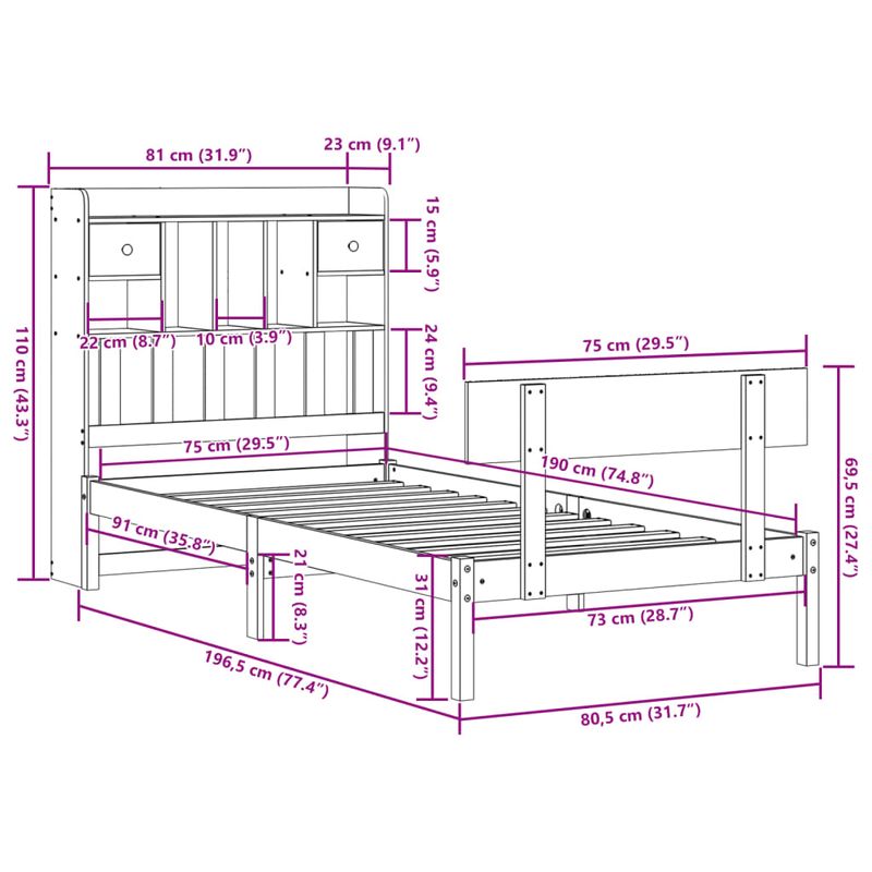 Casa si Gradina - Mobilier - Paturi si accesorii - Paturi - Pat cu biblioteca fara saltea, alb, 75x190 cm, lemn masiv pin - Infinity.ro