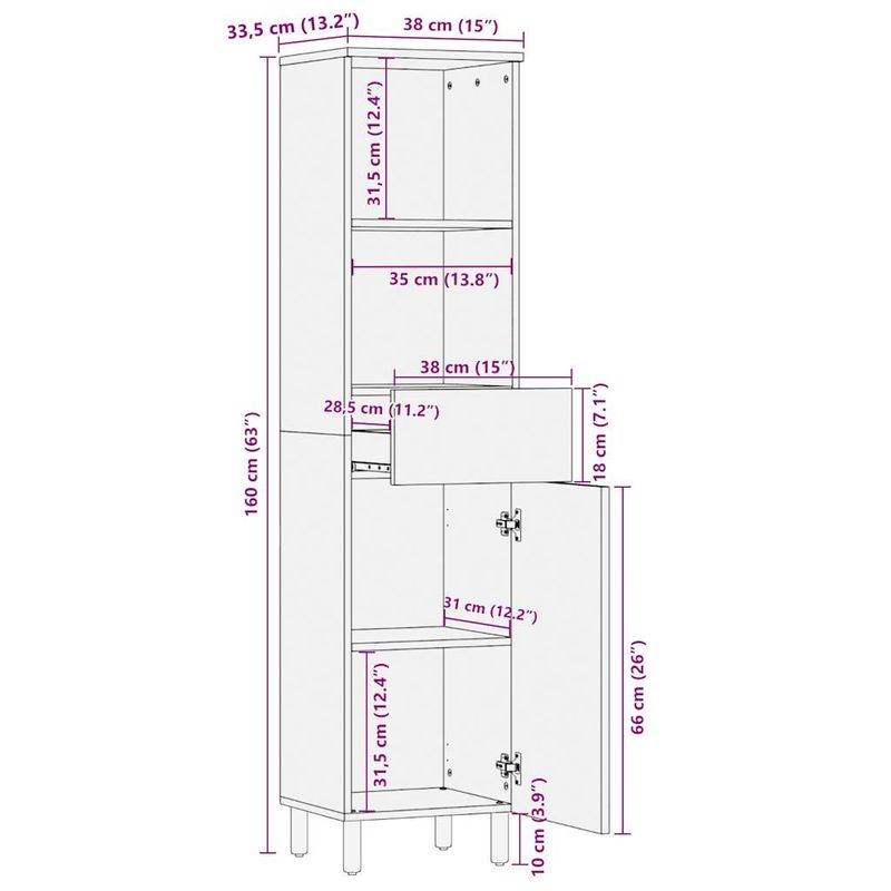 Casa si Gradina - Mobilier - Mobilier baie - Comode baie - Dulap de baie, 38x33,5x160 cm, lemn masiv de mango - Infinity.ro