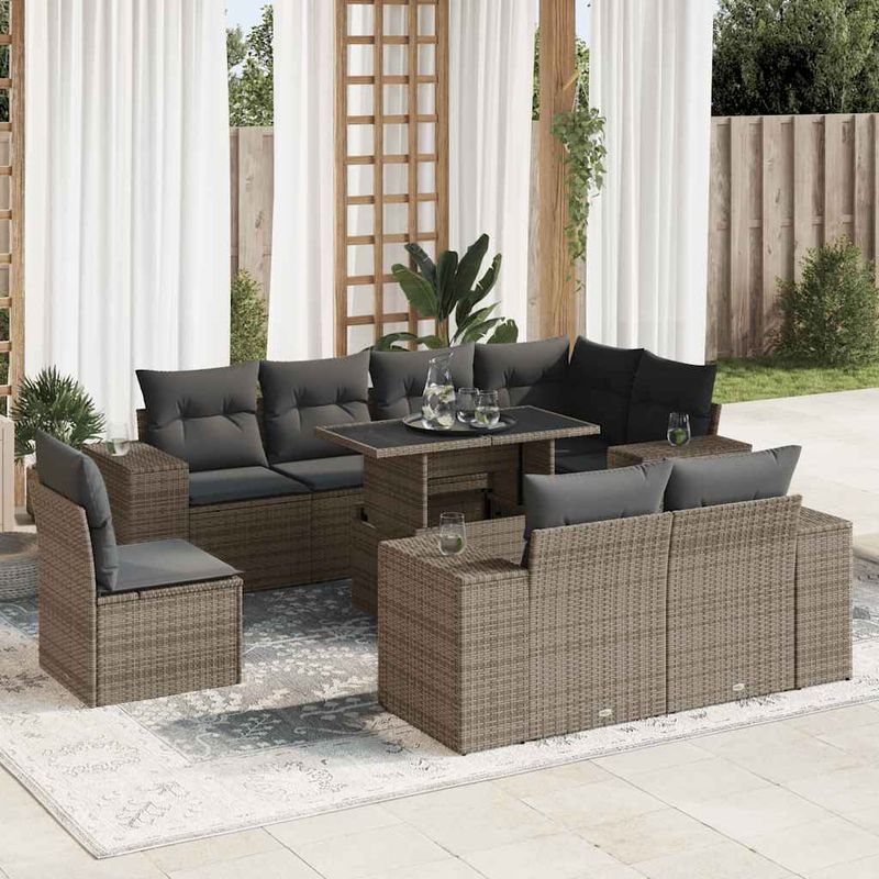 Casa si Gradina - Gradina si terasa - Mobilier exterior - Seturi mobila gradina - Set canapele de gradina, 9 piese, cu perne, gri, poliratan - Infinity.ro