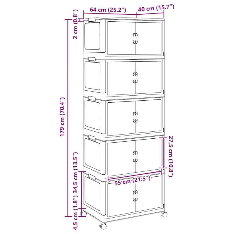 Casa si Gradina - Constructii - Depozitare, transport si protectie - Accesorii echipamente pentru transport si ridicat - Cutie de depozitare stivuita cu roti 5 niveluri 75L 65x40x179cm - Infinity.ro