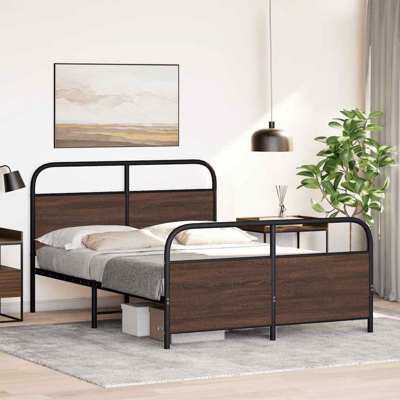 Casa si Gradina - Mobilier - Paturi si accesorii - Paturi - Cadru pat fara saltea stejar maro, 120x200 cm, lemn prelucrat, model cu tăblie și suport de picioare - Infinity.ro