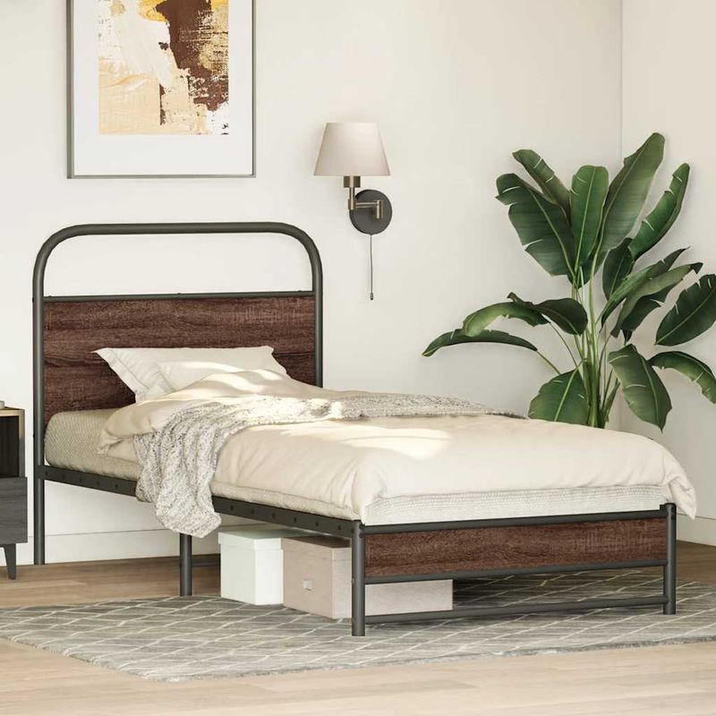 Casa si Gradina - Mobilier - Paturi si accesorii - Paturi - Cadru pat fara saltea stejar maro, 107x203 cm, lemn prelucrat, model cu tăblie de cap și tăblie de picioare joasă dublă - Infinity.ro