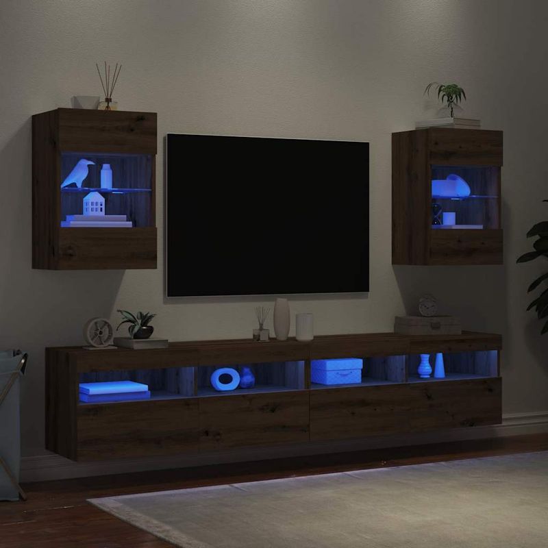 Casa si Gradina - Mobilier - Comode si corpuri - Comode - Comode TV cu lumini LED, 2 buc. Stejar artizanal 40x30x60,5 cm - Infinity.ro