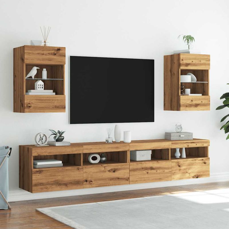Casa si Gradina - Mobilier - Comode si corpuri - Comode - Comode TV cu lumini LED, 2 buc. Stejar artizanal 40x30x60,5 cm - Infinity.ro
