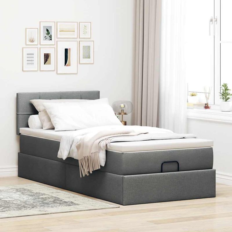 Casa si Gradina - Mobilier - Paturi si accesorii - Paturi - Pat otoman cu saltea tesatura gri inchis 90x200 cm, model cu blocuri pătrate - Infinity.ro