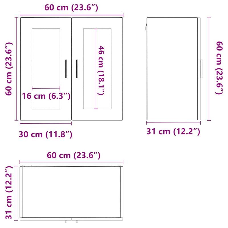 Casa si Gradina - Mobilier - Comode si corpuri - Corpuri bucatarie - Dulap de bucatarie cu usa de sticla din stejar Sonoma „Porto”., model 1x dulap de perete din sticlă (2 uși), mărime 60x31x60 cm - Infinity.ro