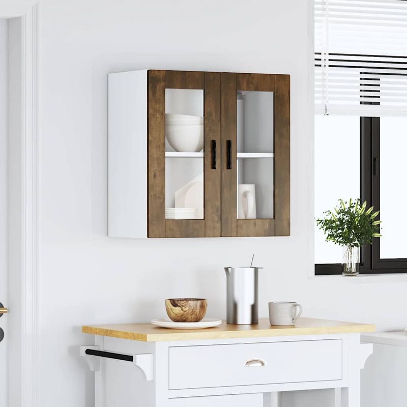 Casa si Gradina - Mobilier - Comode si corpuri - Corpuri bucatarie - Dulap de bucatarie cu usa din sticla stejar afumat „Porto”., model 1x dulap de perete din sticlă (2 uși), mărime 60x31x60 cm - Infinity.ro
