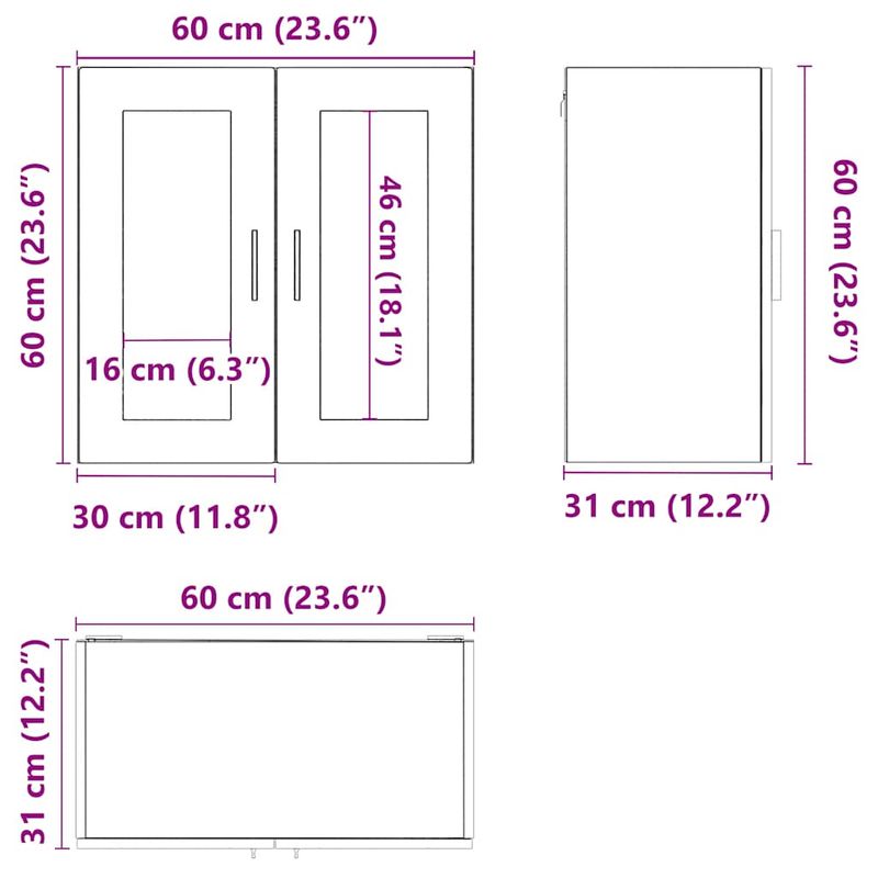 Casa si Gradina - Mobilier - Comode si corpuri - Corpuri bucatarie - Dulap de bucatarie cu usa din sticla stejar afumat „Porto”., model 1x dulap de perete din sticlă (2 uși), mărime 60x31x60 cm - Infinity.ro