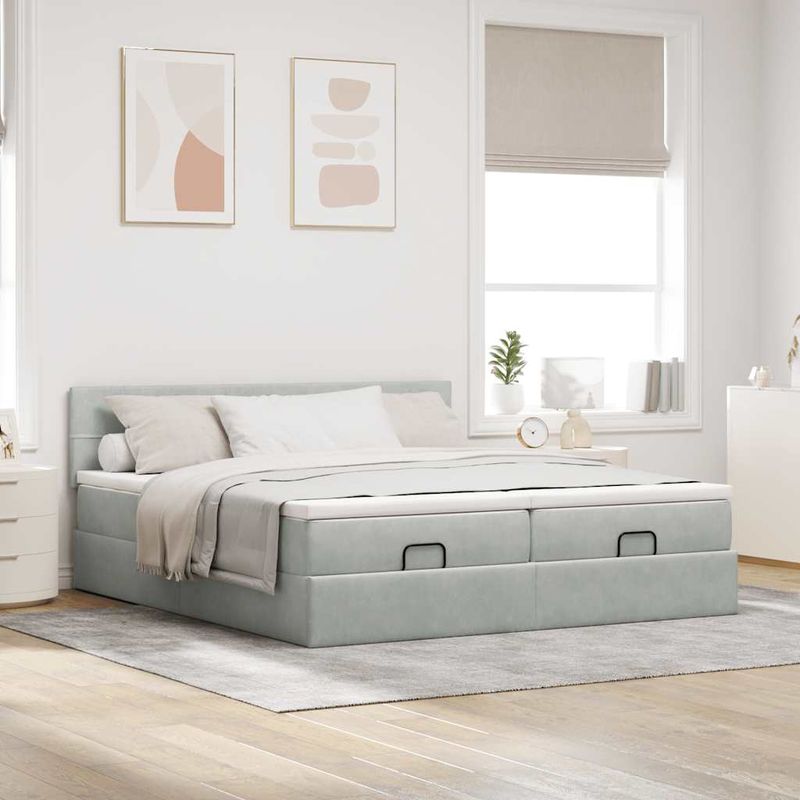 Casa si Gradina - Mobilier - Paturi si accesorii - Paturi - Cadru de pat otoman cu saltele Gri deschis 180x200cm catifea - Infinity.ro