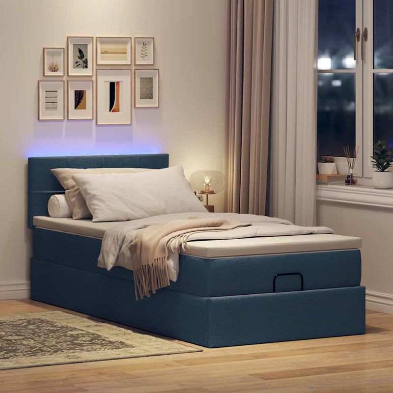 Casa si Gradina - Mobilier - Paturi si accesorii - Paturi - Pat otoman cu saltea albastru 100x200 cm stofa, model cu blocuri pătrate - Infinity.ro
