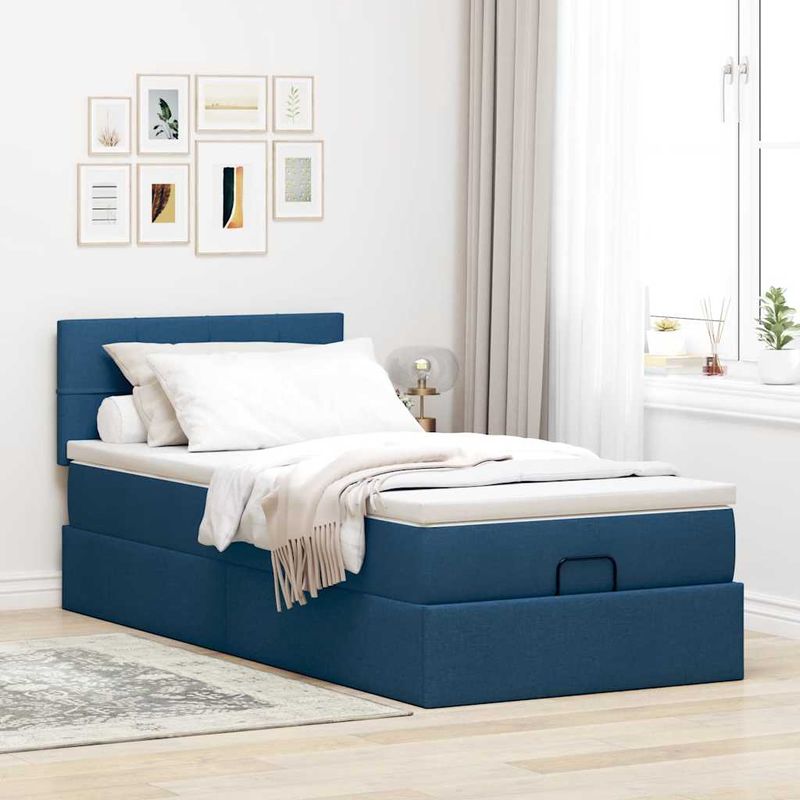 Casa si Gradina - Mobilier - Paturi si accesorii - Paturi - Pat otoman cu saltea albastru 100x200 cm stofa, model cu blocuri pătrate - Infinity.ro