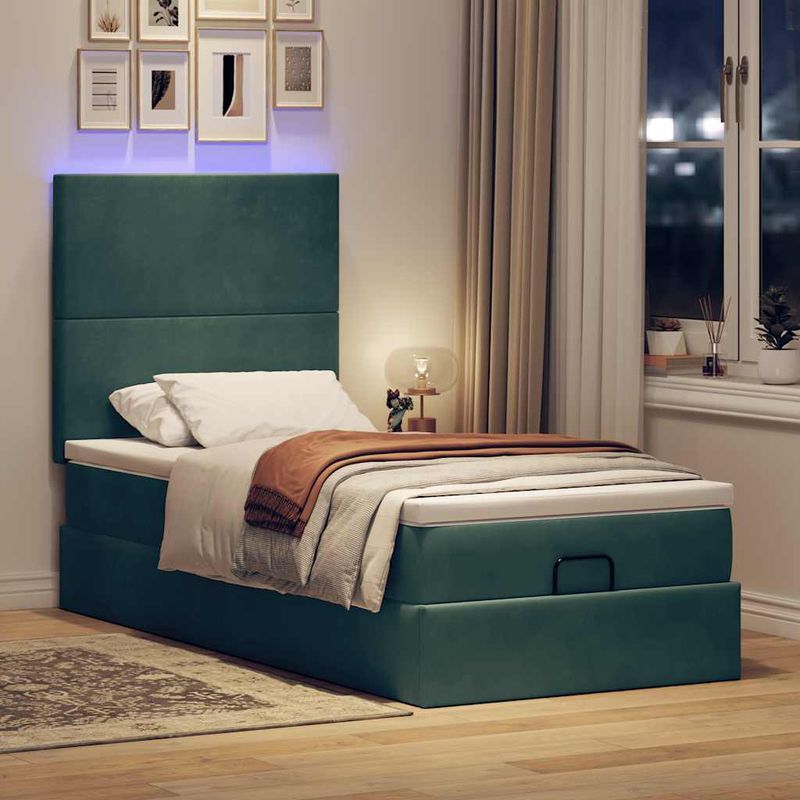 Casa si Gradina - Mobilier - Paturi si accesorii - Paturi - Cadru de pat otoman cu saltele, catifea verde inchis 90x190cm - Infinity.ro