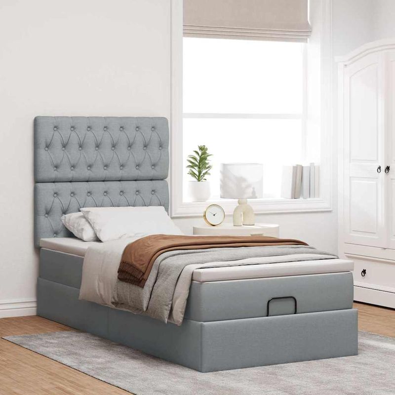 Casa si Gradina - Mobilier - Paturi si accesorii - Paturi - Cadru pat otoman cu saltea tesatura gri deschis 90x200cm - Infinity.ro
