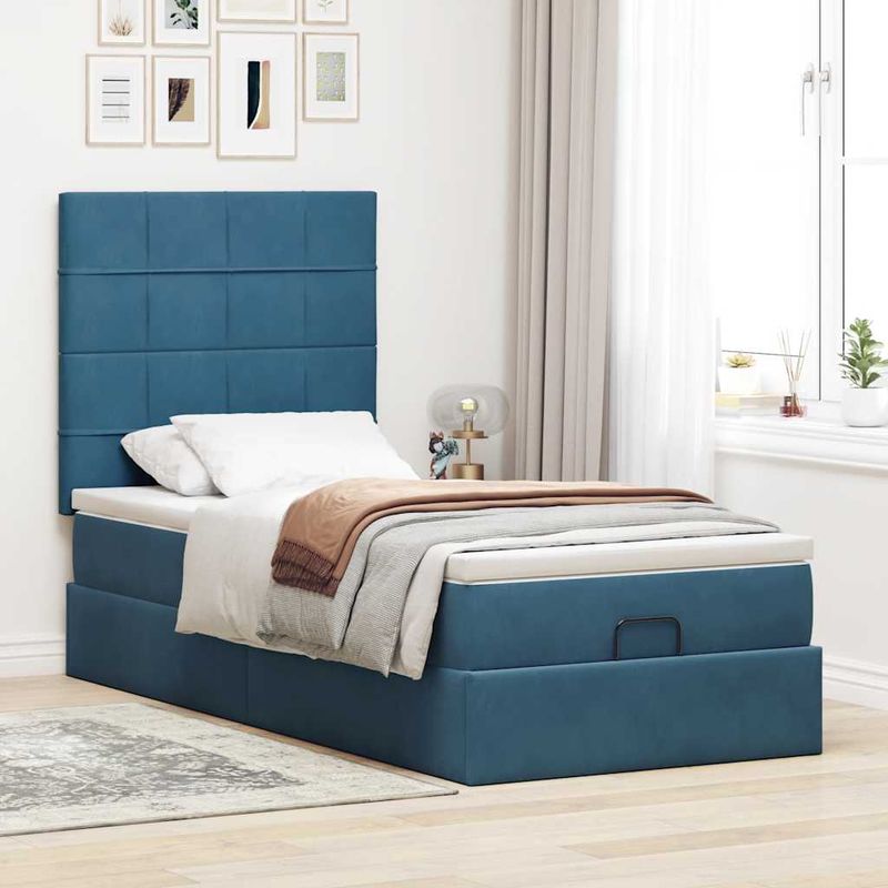 Casa si Gradina - Mobilier - Paturi si accesorii - Paturi - Cadru pat otoman cu saltele Albastru inchis 100x200cm catifea - Infinity.ro