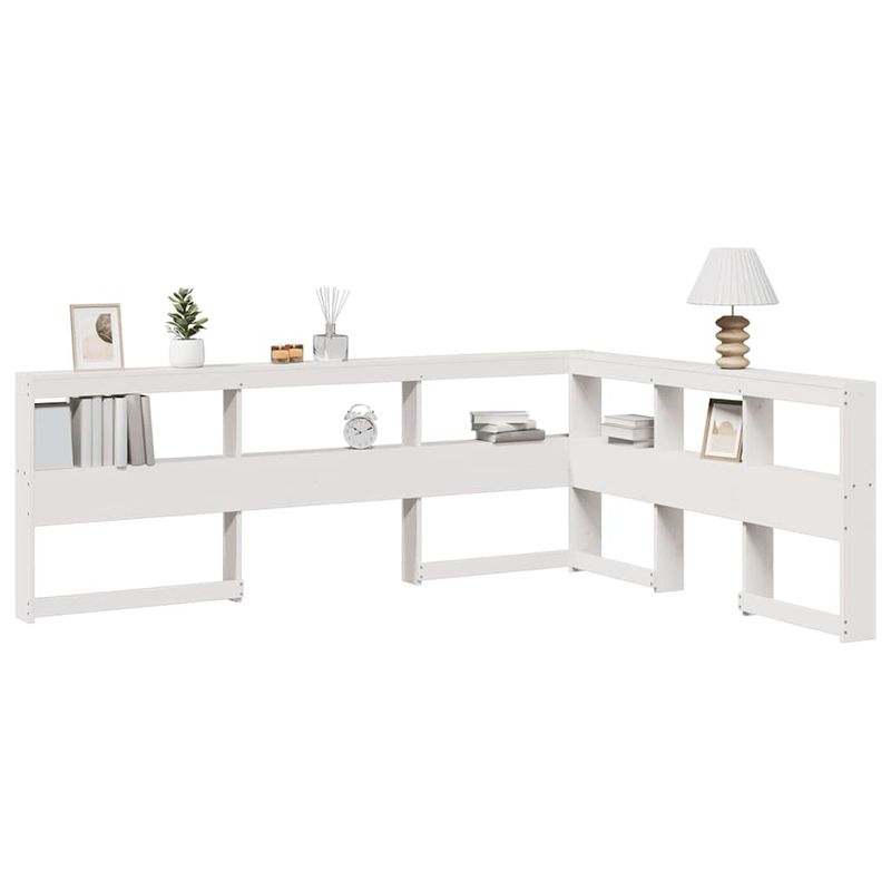 Casa si Gradina - Mobilier - Paturi si accesorii - Accesorii paturi - Tablie de pat cu biblioteca in forma de L, alb, 130 cm, lemn masiv de pin, mărime 138.5x208.5x80 cm - Infinity.ro
