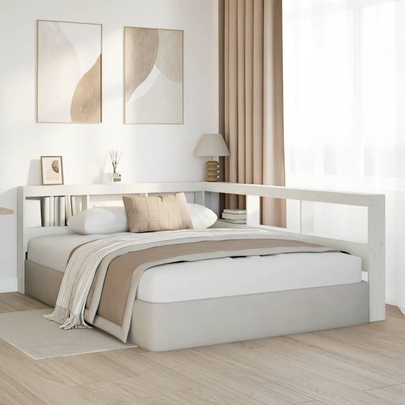 Casa si Gradina - Mobilier - Paturi si accesorii - Accesorii paturi - Tablie de pat cu biblioteca in forma de L, alb, 130 cm, lemn masiv de pin, mărime 138.5x208.5x80 cm - Infinity.ro