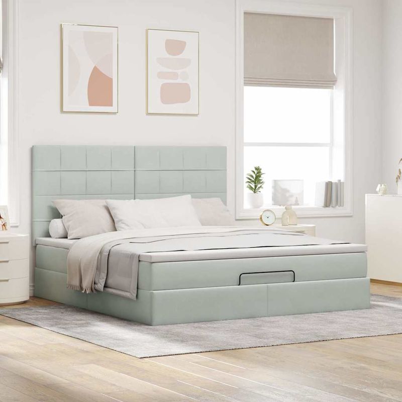 Casa si Gradina - Mobilier - Paturi si accesorii - Paturi - Cadru de pat otoman cu saltele Gri deschis 160x200cm catifea - Infinity.ro