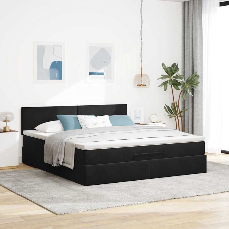 Casa si Gradina - Mobilier - Paturi si accesorii - Paturi - Cadru de pat otoman cu saltea, catifea neagra 180x200cm - Infinity.ro