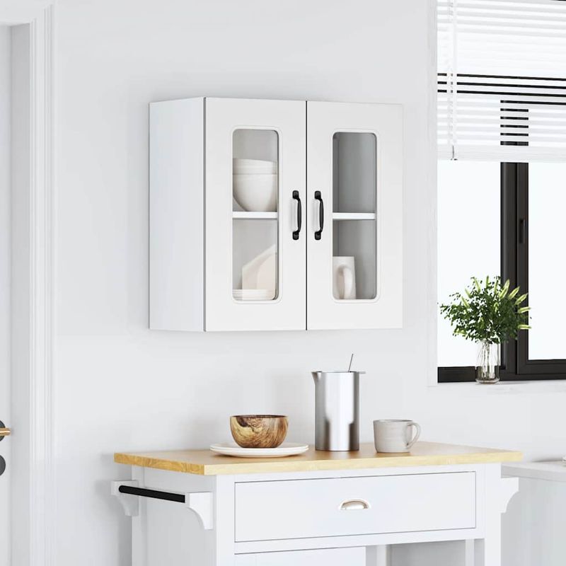 Casa si Gradina - Mobilier - Comode si corpuri - Corpuri bucatarie - Dulap de bucatarie cu usa sticla „Kalmar” lemn prelucrat alb, model 1x dulap de perete din sticlă (2 uși), mărime 60x31x60 cm - Infinity.ro