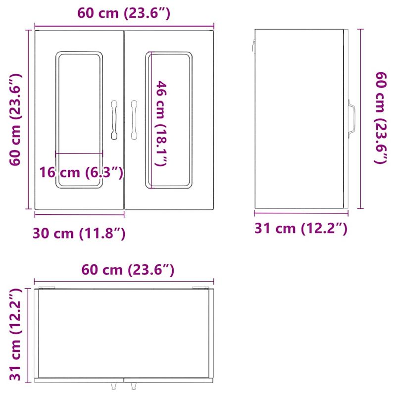 Casa si Gradina - Mobilier - Comode si corpuri - Corpuri bucatarie - Dulap de bucatarie cu usa sticla „Kalmar” lemn prelucrat alb, model 1x dulap de perete din sticlă (2 uși), mărime 60x31x60 cm - Infinity.ro